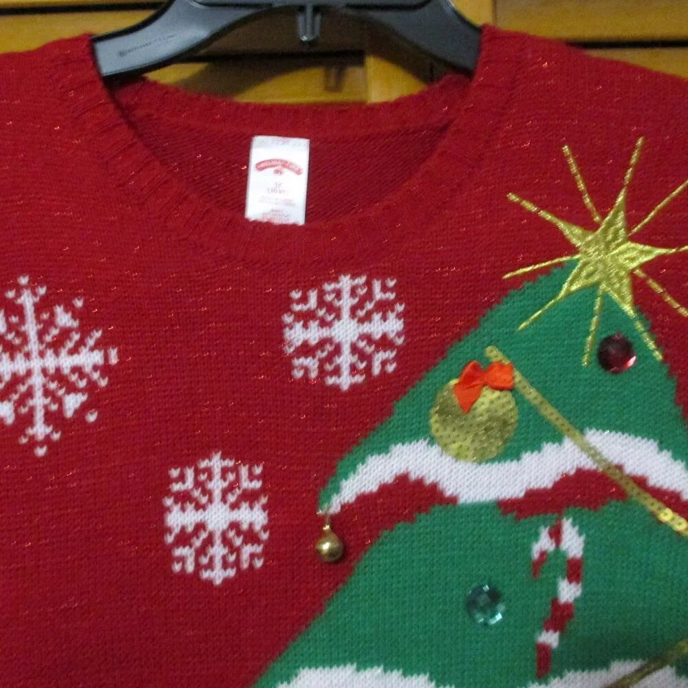 Holiday Time Christmas sweater red sparkle & green tree to decorate size 1x - Picture 7 of 9